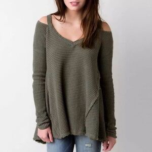 Free People Moonshine Olive Green Off-the-Shoulder Waffle Knit Sweater